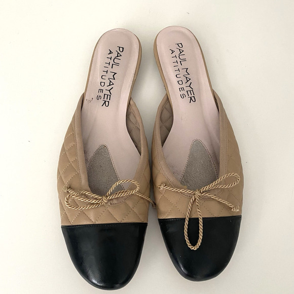 Paul Mayer Attitudes Quilted Mule Flat Slip On Nude Beige Black Cap Toe Round 11 - Picture 3 of 9